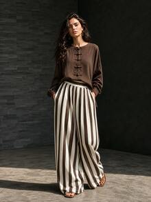 LUMIGAL Women's Frog Button Long Sleeve Shirt And Matching Striped Wide Leg Pants 2 Pieces Set - Coffee Brown - View 3