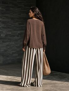 LUMIGAL Women's Frog Button Long Sleeve Shirt And Matching Striped Wide Leg Pants 2 Pieces Set - Coffee Brown - View 4