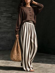 LUMIGAL Women's Frog Button Long Sleeve Shirt And Matching Striped Wide Leg Pants 2 Pieces Set - Coffee Brown - View 6
