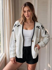 SHEIN LUNE Autumn/Winter New Korean Style V-Neck Long Sleeve Sweet Elegant Bow-Knit Cardigan - Apricot - View 6