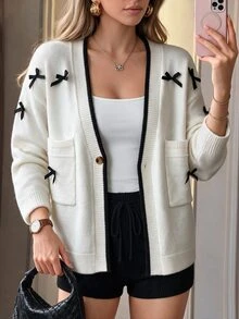 SHEIN LUNE Autumn/Winter New Korean Style V-Neck Long Sleeve Sweet Elegant Bow-Knit Cardigan - Apricot - View 3