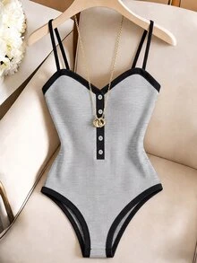 Franclia Premium Contrast Color Button-Front Women's Cami Camisole, Korean Style Slim Fit Flattering Knit Tank Top Camisole For Outerwear - Grey - View 5