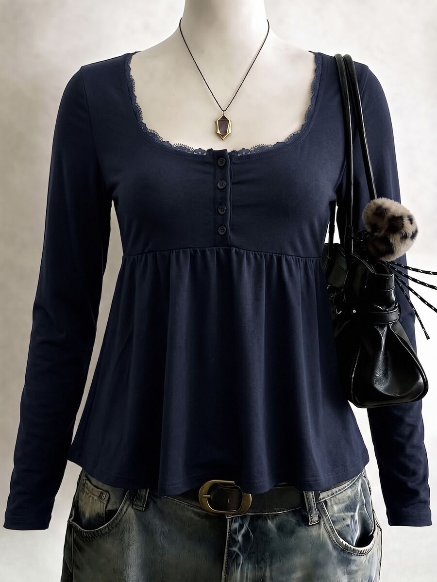 Lalippa Women's Long Sleeve Square Neck High Waist Button Ruffle Hem Top - Royal Blue - View 1