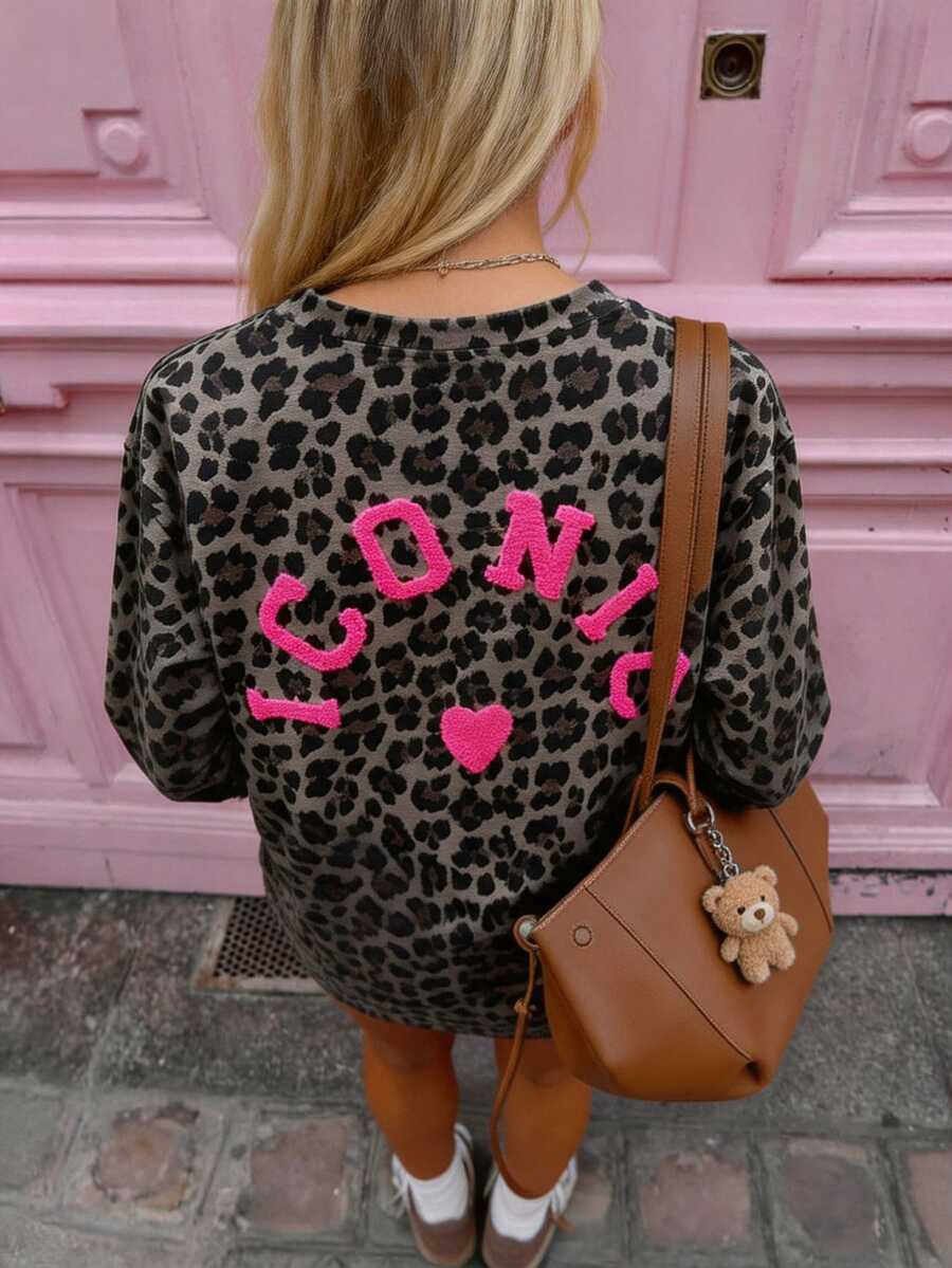 DrmWander Leopard Print Embroidered ICONIC Pattern Women's Casual Crew Neck Long Sleeve T-Shirt, Gift For Friends - Multicolor - View 1