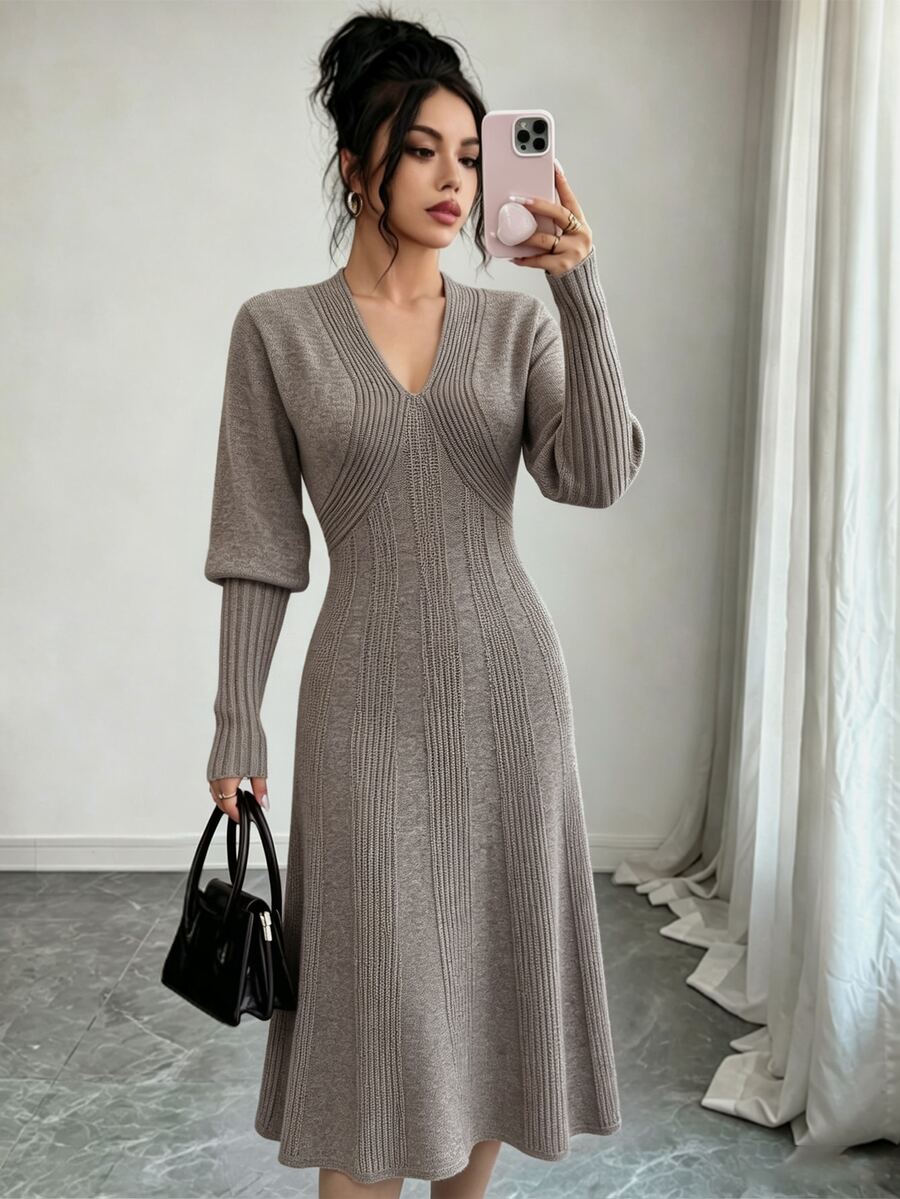 SHEIN Franclia Women's Solid Color V-Neck Casual Daily Knit Dress - Maroon - View 1