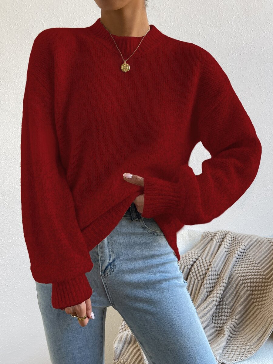 SHEIN Franclia 女款秋冬優雅酒紅色圓領羊毛混紡針織燈籠袖套頭毛衣,適合日常購物、休閒、度假、旅行、約會 - 酒紅色 - 查看 1