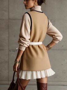 SHEIN Women's Solid Color Wool Blend Contrast Trim Pocket Casual Sleeveless Jacket, Autumn/Winter - Khaki - View 4