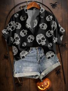 EMERY ROSE Plus Size Halloween Short Sleeve Skull Print Vacation Button-Down Shirt - Multicolor - View 5