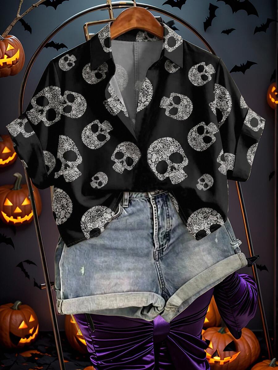 EMERY ROSE Plus Size Halloween Short Sleeve Skull Print Vacation Button-Down Shirt - Multicolor - View 1
