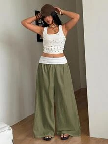 Coolane 女款大尺碼夏季秋季外穿正式優雅休閒束腰度假鄉村音樂會波希米亞基本款 100% 棉薄荷綠寬腿褲 - 軍綠色 - 查看 4