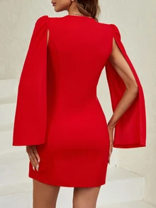 Firerie Cloak Sleeve Double Breasted Placket Blazer Dress In Fall/Winter - Red - View 3