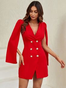 Firerie Cloak Sleeve Double Breasted Placket Blazer Dress In Fall/Winter - Red - View 5