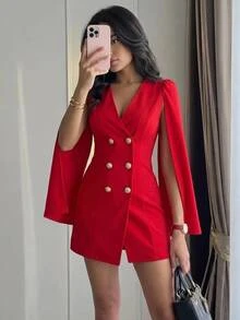Firerie Cloak Sleeve Double Breasted Placket Blazer Dress In Fall/Winter - Red - View 2