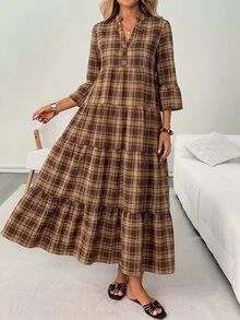 SHEIN LUNE 女款優雅長洋裝，適合秋冬，優雅長款派對洋裝，復古洋裝，鄉村風洋裝，格紋洋裝 - 彩色 - 查看 5