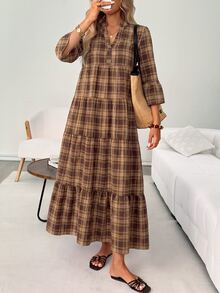 SHEIN LUNE 女款優雅長洋裝，適合秋冬，優雅長款派對洋裝，復古洋裝，鄉村風洋裝，格紋洋裝 - 彩色 - 查看 6