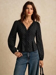 Poéselle 女款夏季100%純棉黑白波點蕾絲飾領收腰開襟上衣 法式優雅復古 早午餐 辦公室 聖誕 - 黑色 - 查看 5