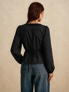 Poéselle 女款夏季100%純棉黑白波點蕾絲飾領收腰開襟上衣 法式優雅復古 早午餐 辦公室 聖誕 - 黑色 - 查看 4