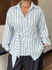 Dazy Plus Solid Color Lapel Half-Placket Tie-Hem White Long Sleeve Shirt Plus Size Women Spring Autumn - Baby Blue - View 3