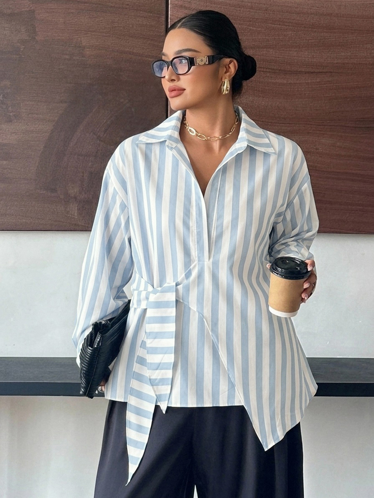 Dazy Plus Solid Color Lapel Half-Placket Tie-Hem White Long Sleeve Shirt Plus Size Women Spring Autumn - Baby Blue - View 7