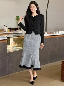 Wynsel 短版收腰外套與針織魚尾裙優雅女款兩件套 - 黑色 - 查看 3