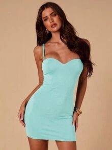 SHEIN BAE 女款春夏日常性感緊身內衣式吊帶洋裝，適合約會、夜店、外出、新年及其他場合 - 薄荷藍 - 查看 6