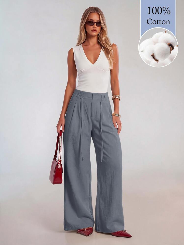 Avantive Women's Solid Color Pocket Wide Leg Loose Casual Long Pants (100% Cotton) - Dark Grey - View 4