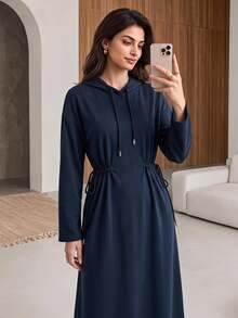Rue Lumi Women's Solid Color Drop Shoulder Long Sleeve Casual Drawstring Hooded Sweatshirt Midi Dress Everyday Travel Navy Blue Autumn - Blue - View 1