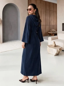 Rue Lumi Women's Solid Color Drop Shoulder Long Sleeve Casual Drawstring Hooded Sweatshirt Midi Dress Everyday Travel Navy Blue Autumn - Blue - View 2
