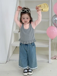 DAZY Atasan Kasual 2 in 1 untuk Bayi Perempuan, Leher Bulat, Lengan Panjang, dan Hem Berumbai - Coffee Brown - View 7