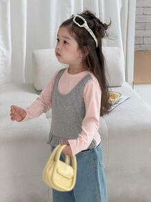 DAZY Atasan Kasual 2 in 1 untuk Bayi Perempuan, Leher Bulat, Lengan Panjang, dan Hem Berumbai - Coffee Brown - View 8