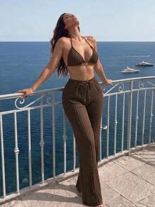 SHEIN Swim 2026 春夏新款女款 3 件式泳裝套裝，泳衣、泳褲、裙子，特殊面料，海灘度假，優雅休閒泳裝套裝 - 棕色 - 查看 6