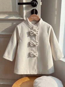 SHEIN Playful Pals معطف أنيق بسيط مع فيونكة وقبعة لفتاة صغيرة في فصل الخريف/الشتاء - لون مشمشي - مشاهدة 3