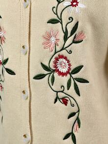 SHEIN Women's Knitted Cardigan Sweater With Floral Embroidery - Apricot - View 8