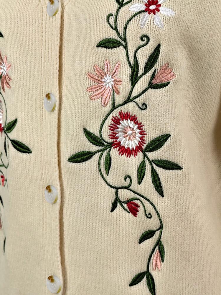 SHEIN 女款針織開襟毛衣，花卉刺繡設計 - 杏色 - 查看 8