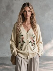 SHEIN Women's Knitted Cardigan Sweater With Floral Embroidery - Apricot - View 2