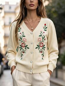 SHEIN Women's Knitted Cardigan Sweater With Floral Embroidery - Apricot - View 6