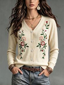 SHEIN Women's Knitted Cardigan Sweater With Floral Embroidery - Apricot - View 4