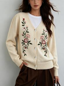 SHEIN Women's Knitted Cardigan Sweater With Floral Embroidery - Apricot - View 7