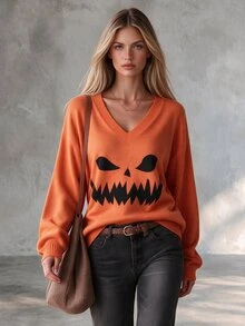 SHEIN ChicEase Women's Knitted Top V-Neck Lantern Sleeve Halloween Theme Pattern - Multicolor - View 5