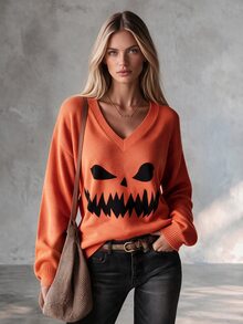 SHEIN ChicEase Women's Knitted Top V-Neck Lantern Sleeve Halloween Theme Pattern - Multicolor - View 6