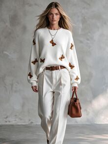 SHEIN Women's Knitted Pullover Top With Butterfly Embroidery - White - View 6