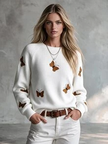 SHEIN Women's Knitted Pullover Top With Butterfly Embroidery - White - View 5