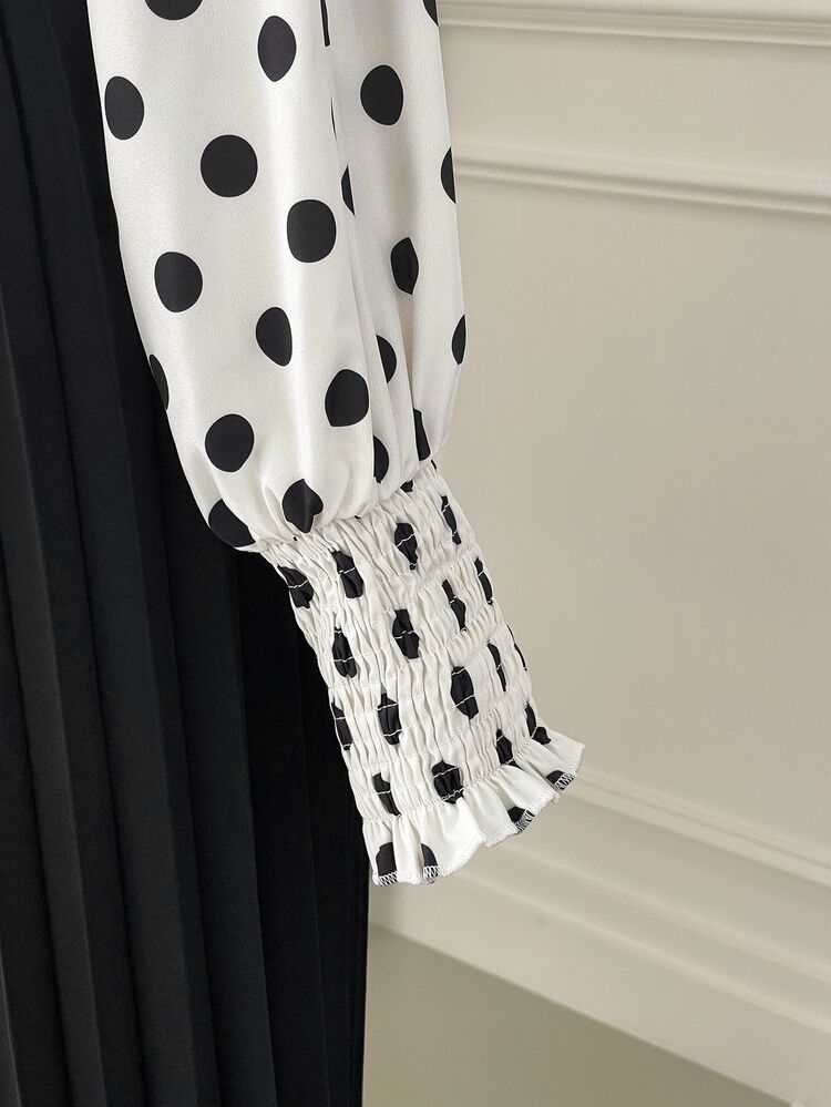 Rometta Plus Size Women's French Polka Dot Blouse, Unique Design, Ruffled Hem, Fitted, Sweet Bow Tie , Age-Reducing Top, Autumn/Winter Fall - Black and White - View 7