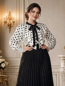 Rometta Blus Polkadot Prancis Ukuran Besar untuk Wanita, Desain Unik, Hem Bergelombang, Pas Badan, Pita Manis, Atasan yang Membuat Tampak Lebih Muda, Musim Gugur/Musim Dingin - Hitam dan Putih - View 1