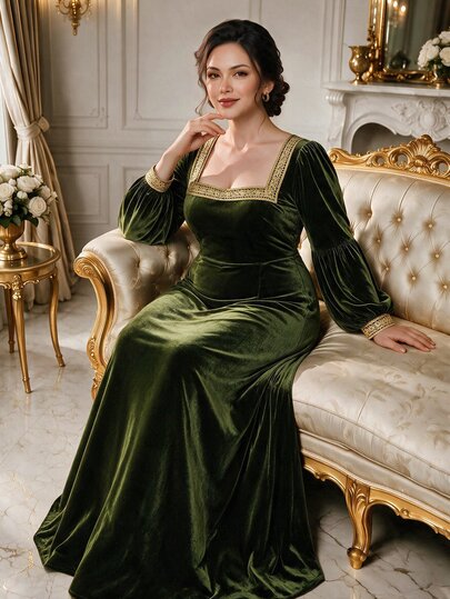 Rometta Plus Size Women's Elegant 1920 Vintage Formal Slim Fit Dark Green Lace Patchwork Velvet Long Sleeve Square Neck Long Dress Party Dinner Midi Fall