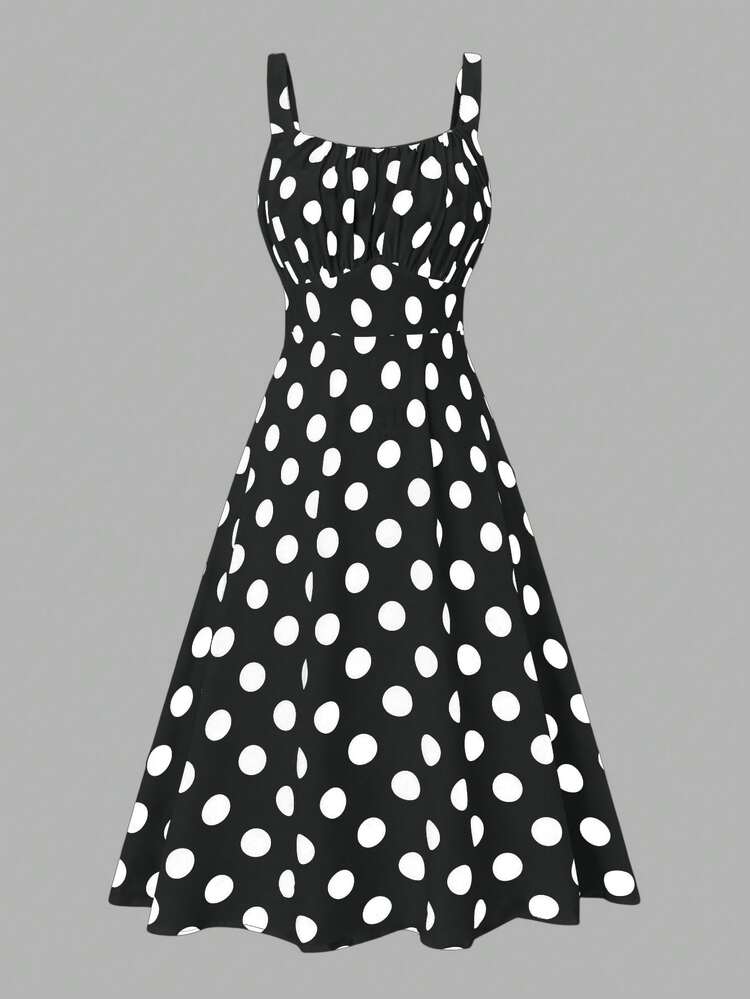 Rometta Plus Size Summer Casual Polka Dot Printed Sleeveless Dress - Black - View 6