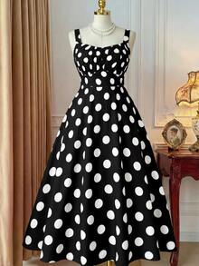 Rometta Plus Size Summer Casual Polka Dot Printed Sleeveless Dress - Black - View 3