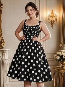 Rometta Plus Size Summer Casual Polka Dot Printed Sleeveless Dress - Black - View 1