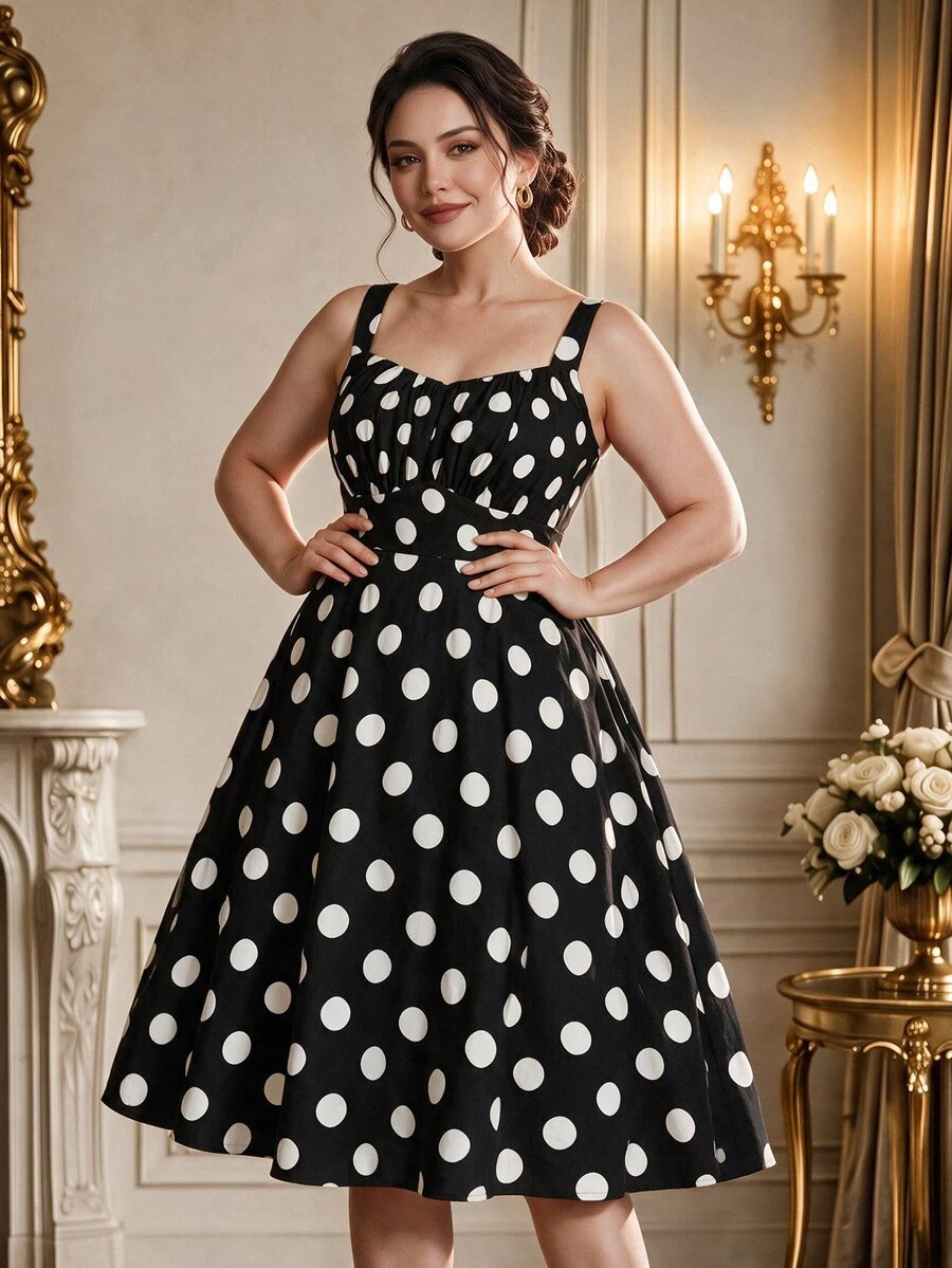 Rometta Plus Size Summer Casual Polka Dot Printed Sleeveless Dress - Black - View 1
