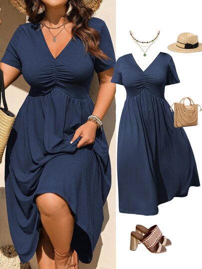 Rometta Plus Size Women Elegant Navy Blue V-Neck Ruched Short Sleeve Knit Dress,Summer Tea Party Casual New Arrival Clothing